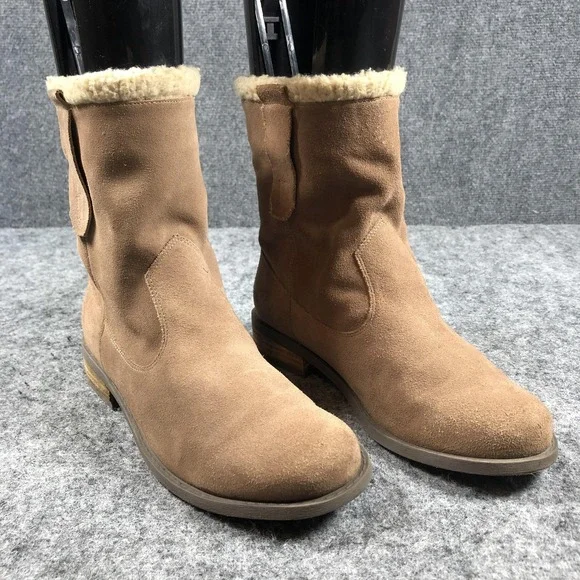 Sole Society Shearling Lined Boots Womens Brown Suede Pull On Ankle Mid Calf - Picture 1 of 14